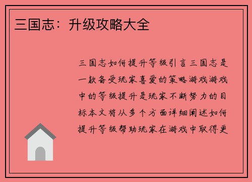 三国志：升级攻略大全